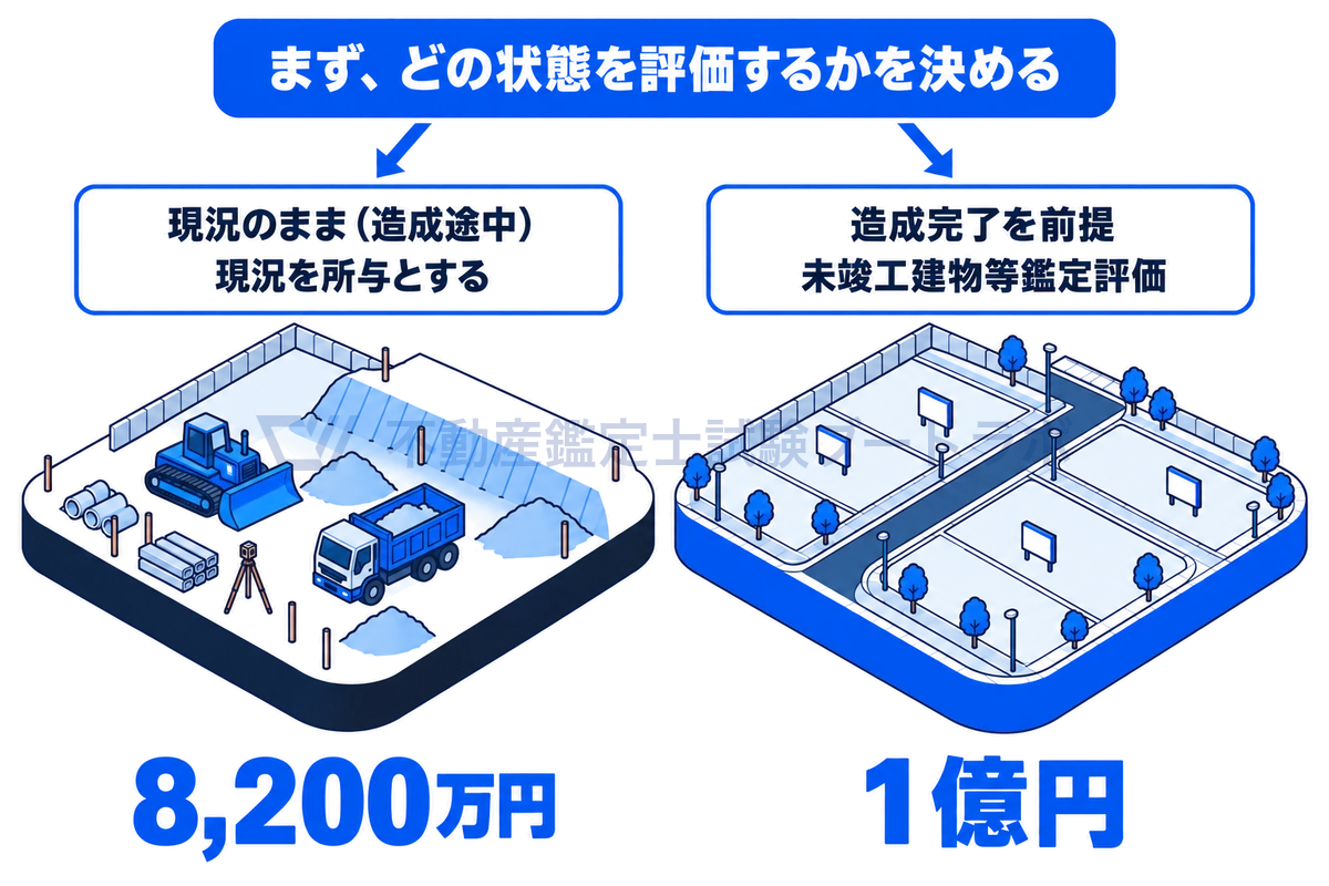 同じ造成地を、造成途中の現況のまま評価すると8,200万円、工事の完了を前提に評価すると1億円になることを、左右2つの現場の情景で対比したアイソメ図。最初にどちらの状態を評価するかを確定する必要があることを示している。
