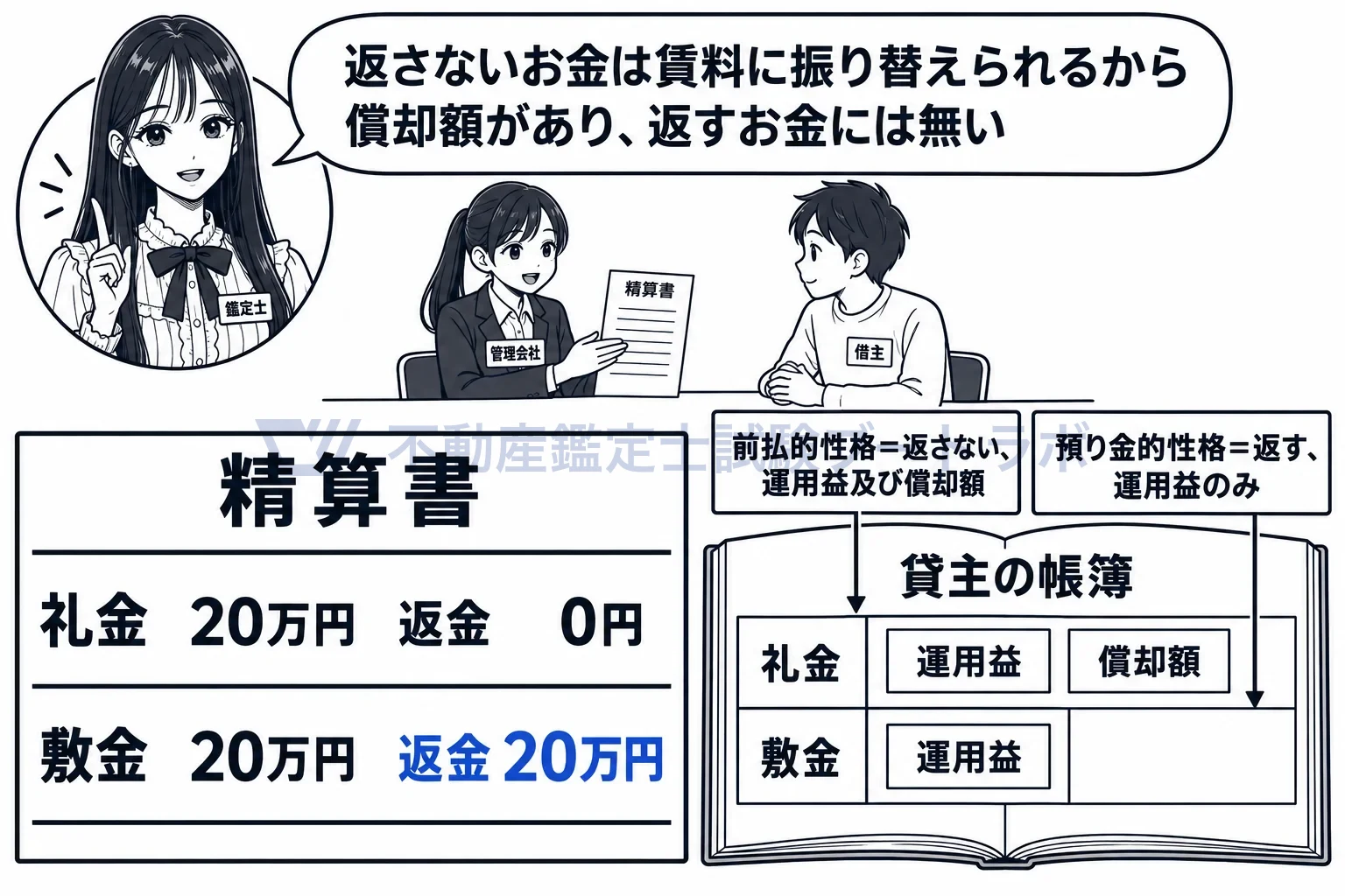 預り金的性格を有する一時金の図解:退去の精算書。礼金は返さないので運用益と償却額、敷金は返すので運用益だけ。