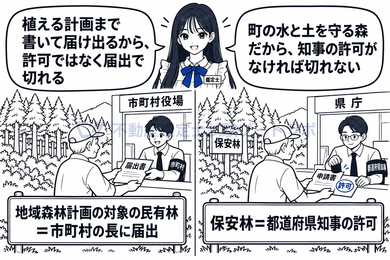 伐採及び伐採後の造林の届出の図解:普通の民有林は市町村へ届出、保安林は知事の許可。