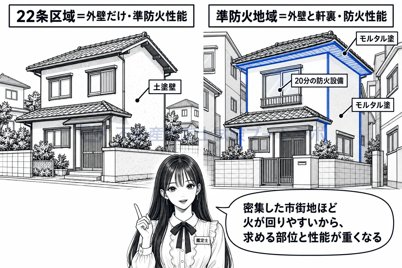 防火構造の図解：22条区域は外壁だけに準防火性能、準防火地域は外壁と軒裏に防火性能。
