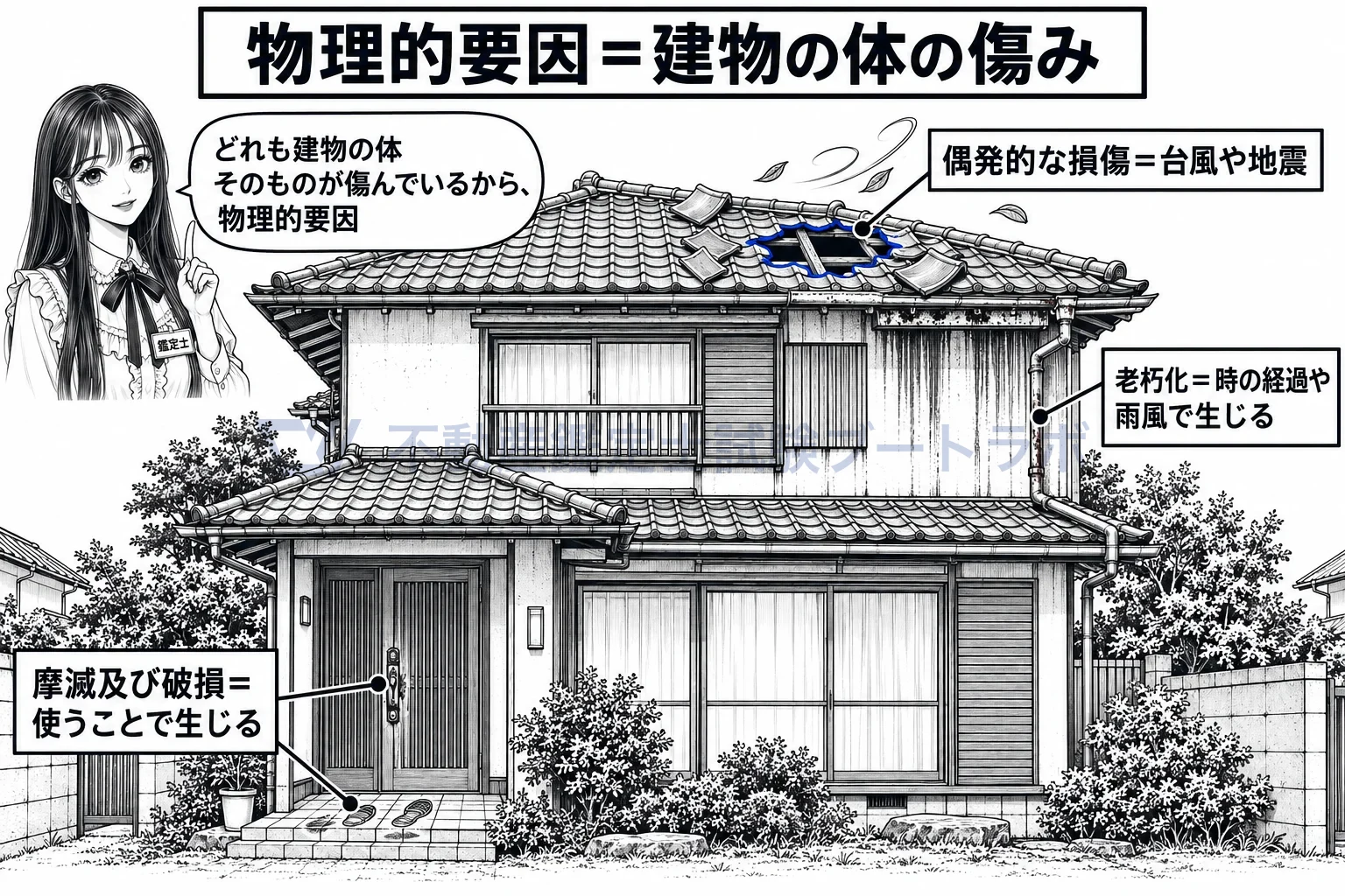 減価の物理的要因の図解：使ってすり減る、年月で朽ちる、災害で壊れる。建物の体に起きる三つの傷み。
