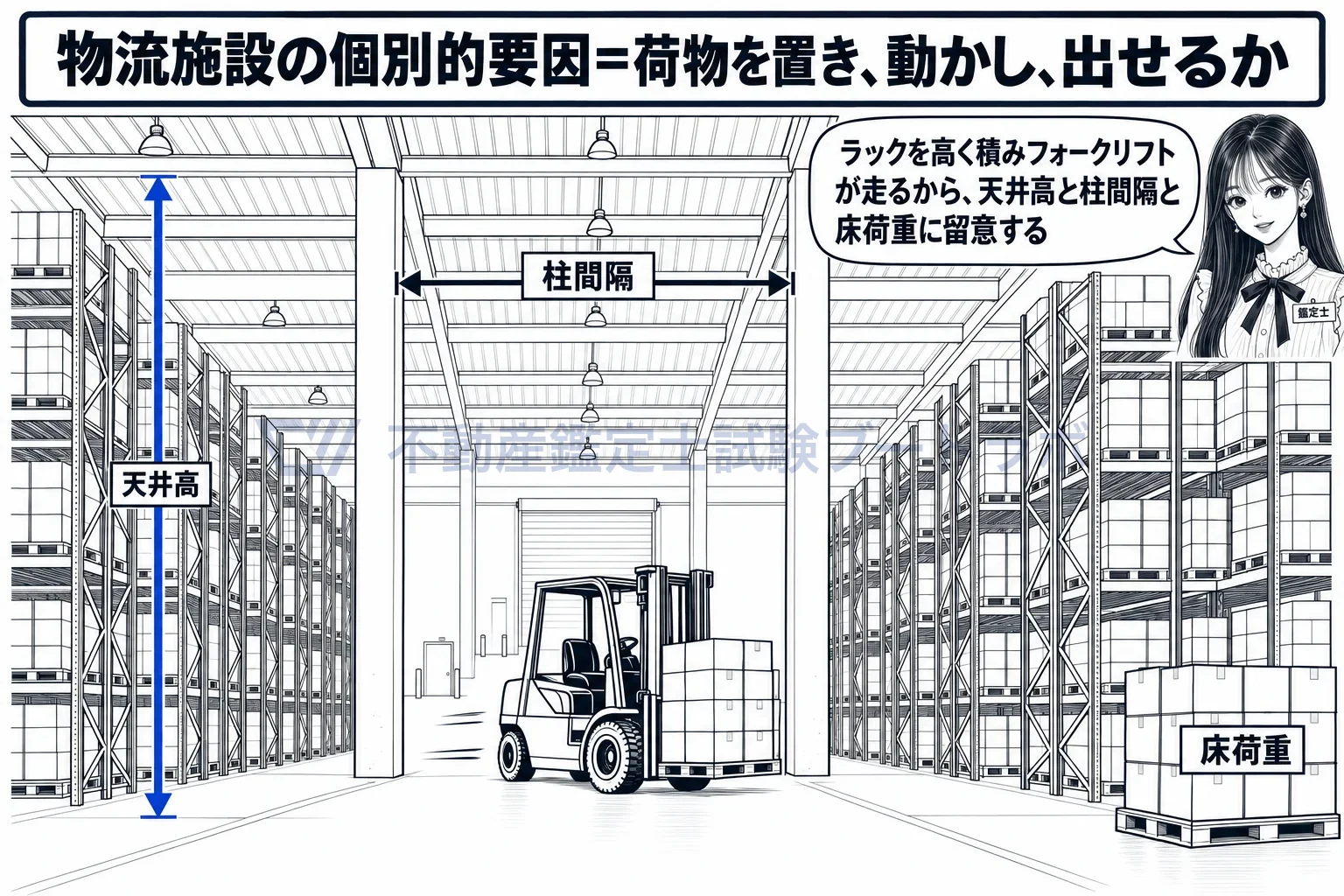 物流施設の個別的要因の図解:ラックを高く積み、フォークリフトが走り、床が荷重に耐えるか。