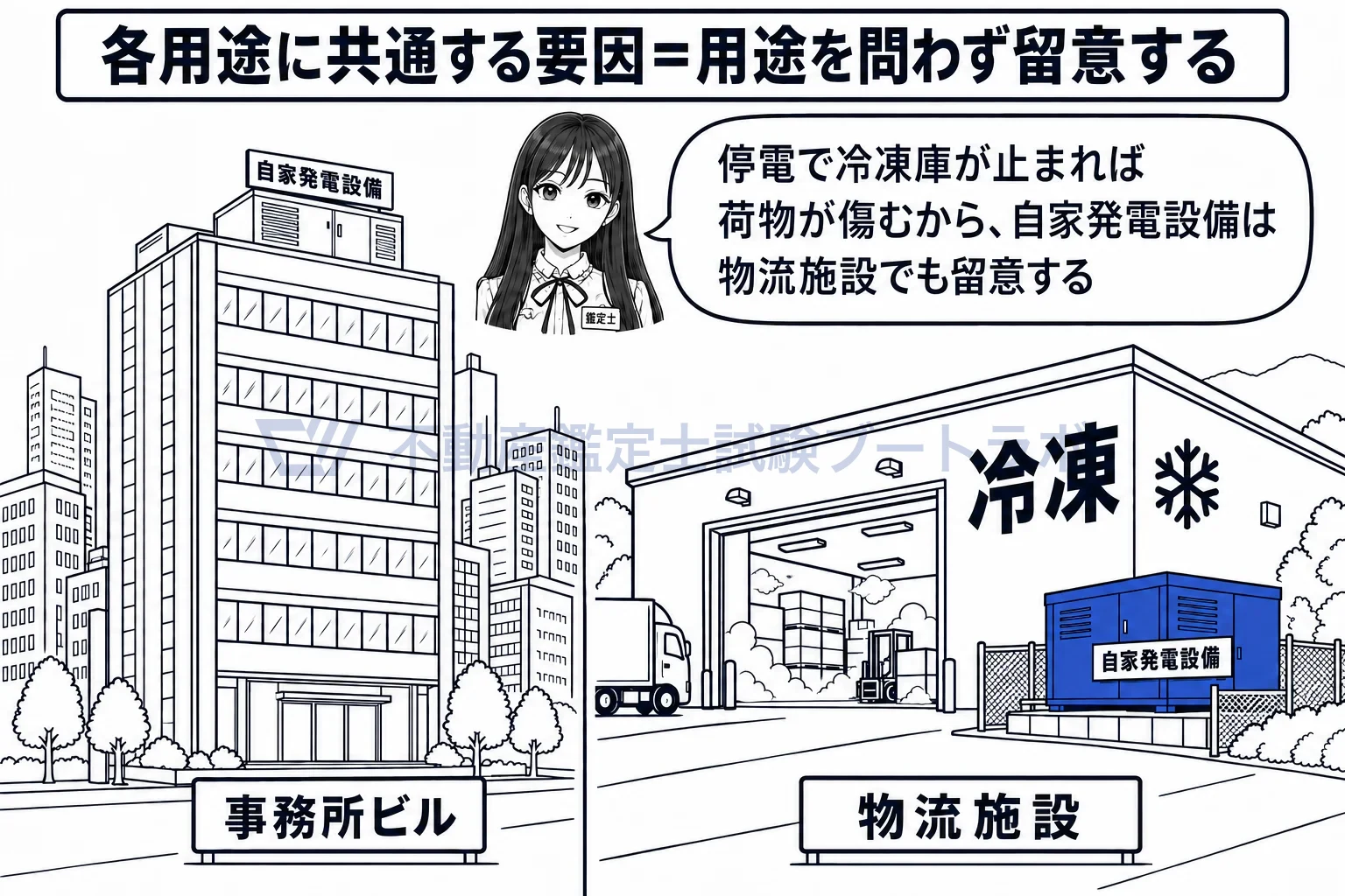 物流施設の個別的要因の図解:停電で冷凍庫が止まれば荷物が傷むから、自家発電設備は物流施設でも留意する。