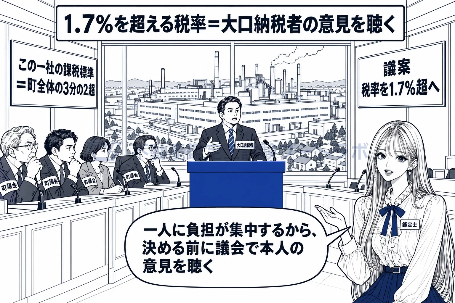 標準税率の図解：課税標準の3分の2超を占める大口納税者がいる市町村では、1.7%超にする前に議会で意見を聴く。