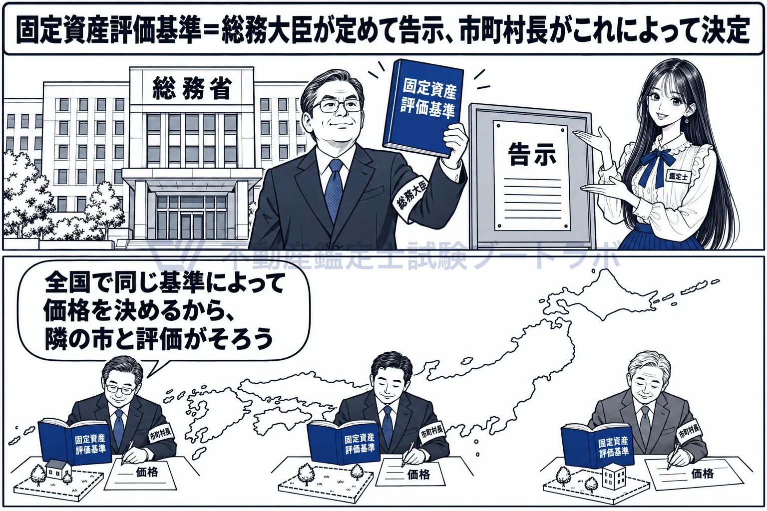 固定資産評価基準の図解:総務大臣が定めて告示し、全国の市町村長がそれによって価格を決める。