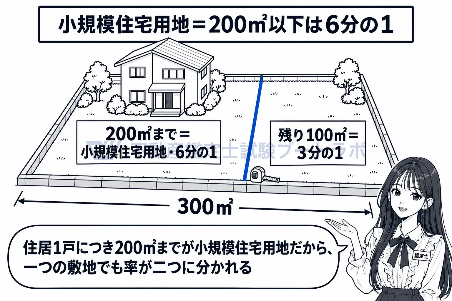 住宅用地の課税標準の特例の図解:300㎡の敷地に1戸なら、200㎡までが6分の1、残り100㎡が3分の1。