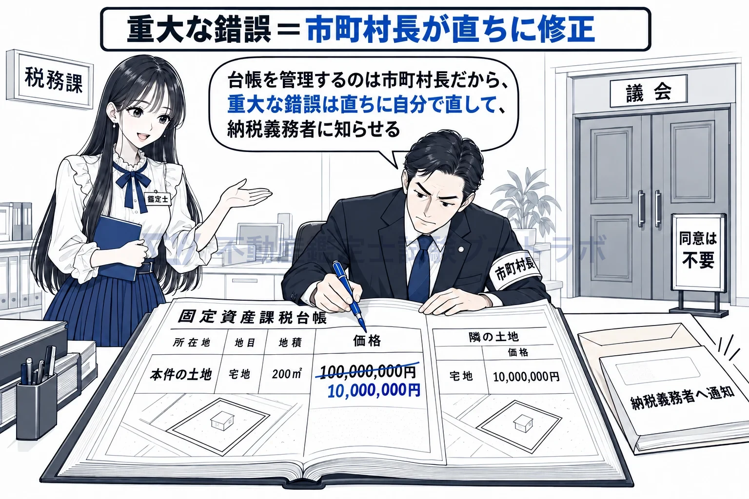 固定資産課税台帳の図解：重大な錯誤は市町村長が直ちに直して、納税義務者に通知。議会は出てこない。