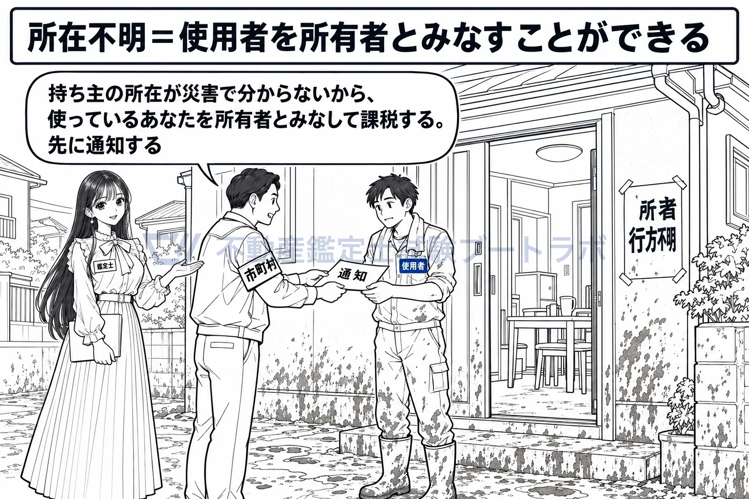 納税義務者の図解：所有者の行方が分からないなら、使っている人を所有者とみなして課税できる。