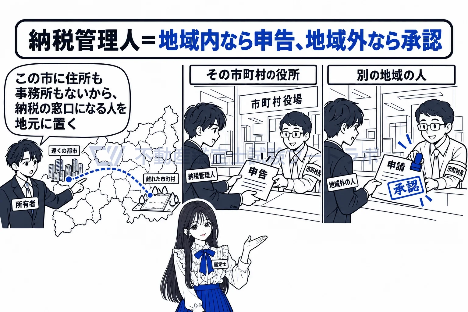 納税義務者の図解：遠くに住む所有者は、地元に納税管理人を置く。地域外の人を選ぶなら市町村長の承認。