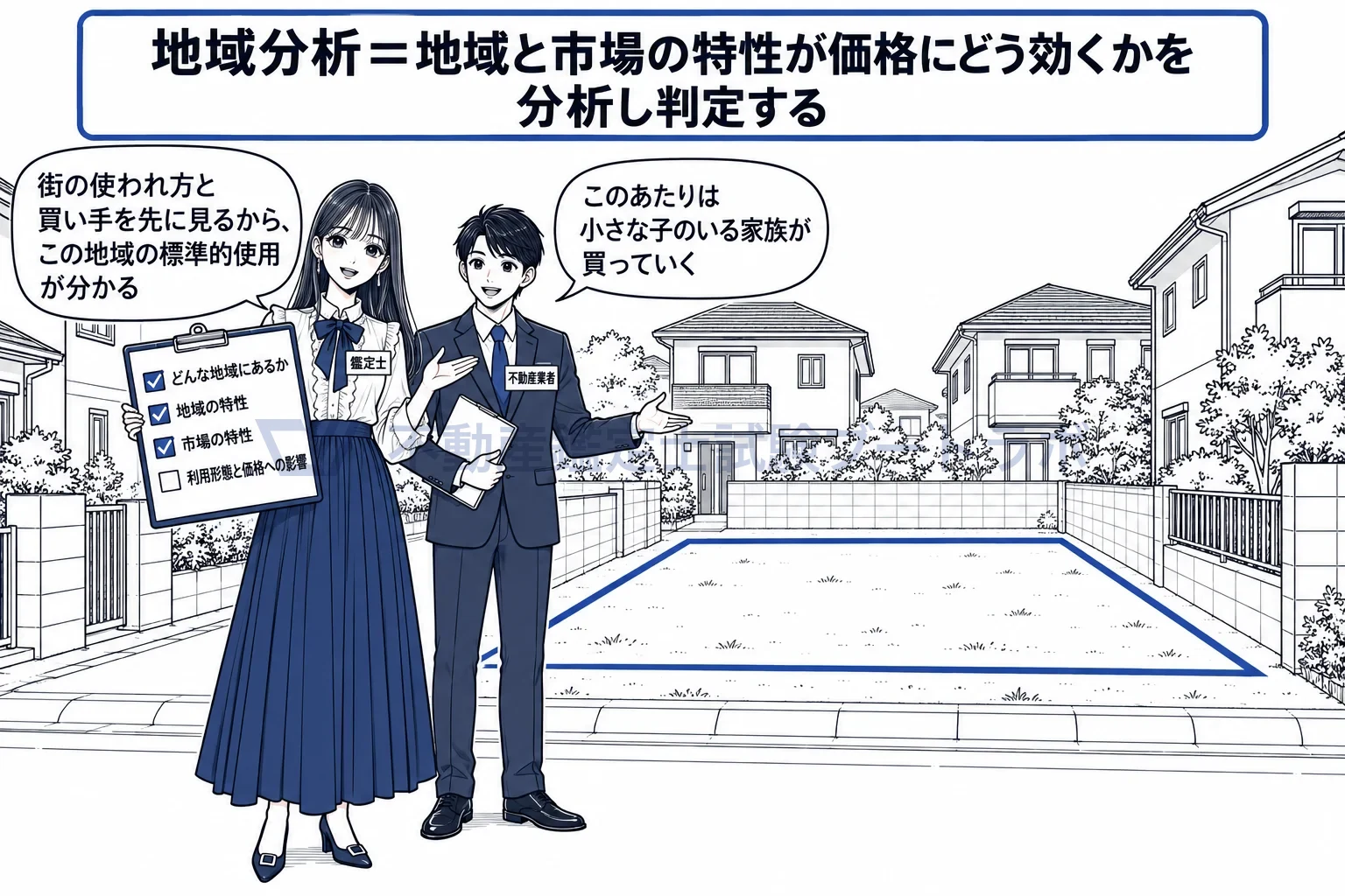 地域分析の図解：値段を付ける前に、街の使われ方と買い手の顔を見極める。