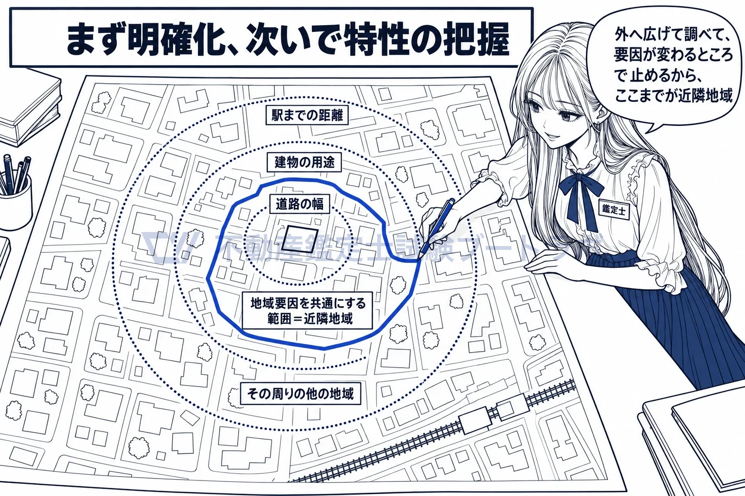 地域分析の図解：対象地から外へ外へと調べ、地域要因が同じ範囲を取り出す。