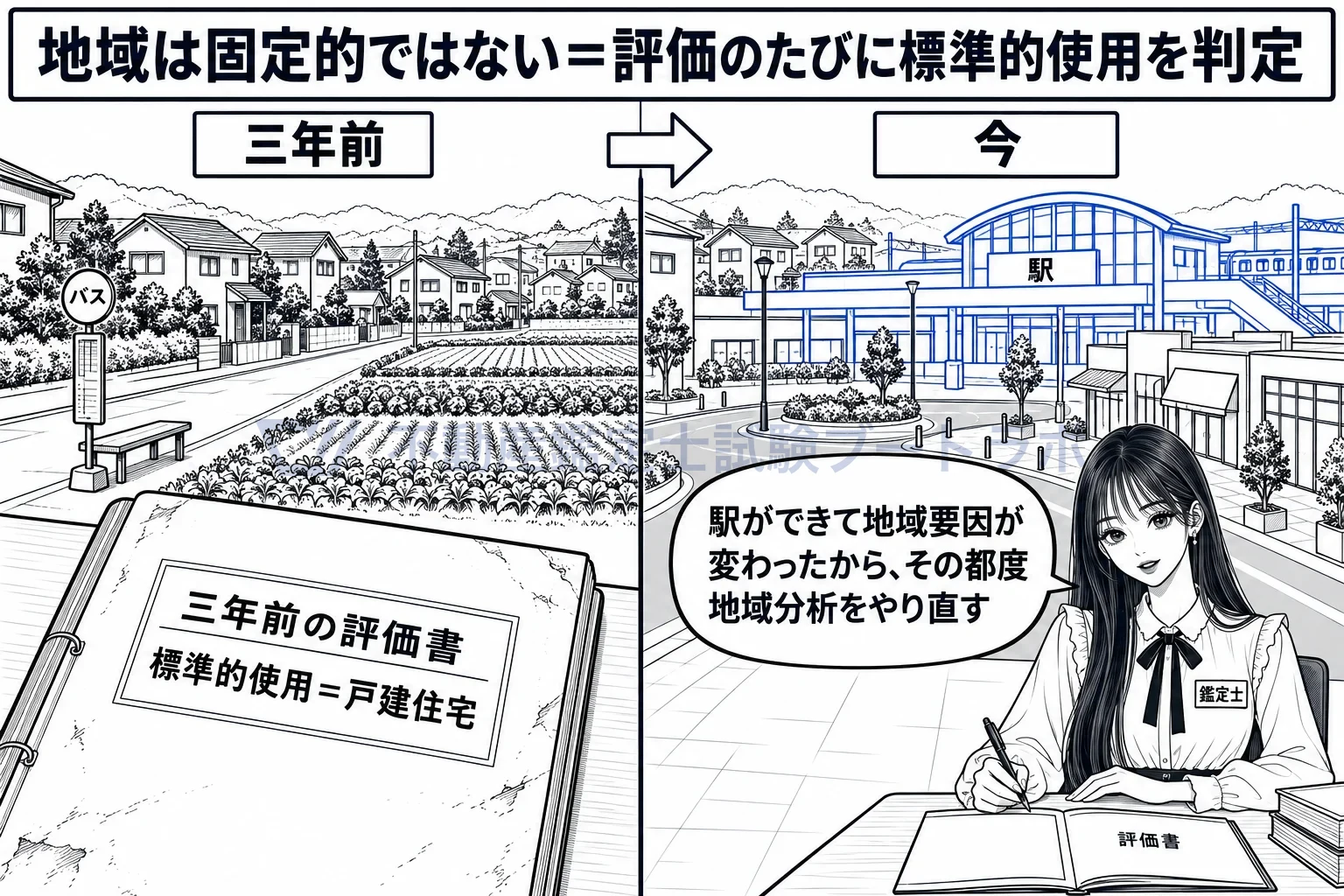 地域分析の図解：前に評価した土地でも、街が変われば地域分析はやり直し。