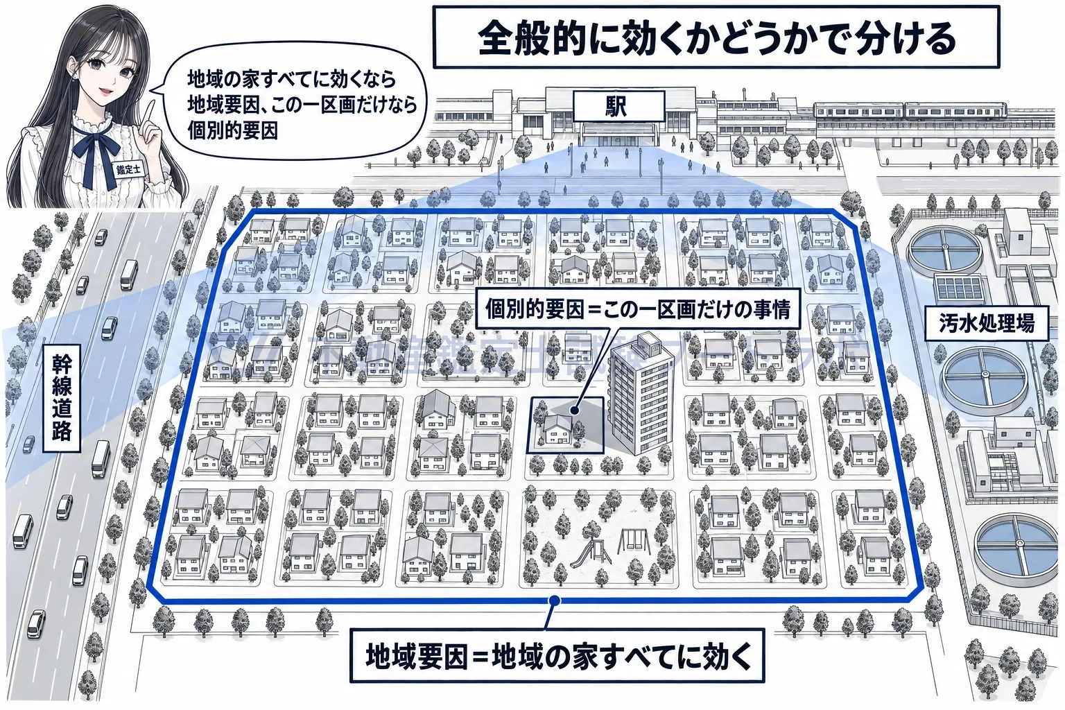 地域要因の図解：駅も幹線道路も地域の家すべてに効く。隣の高層ビルは、その一区画だけの事情。