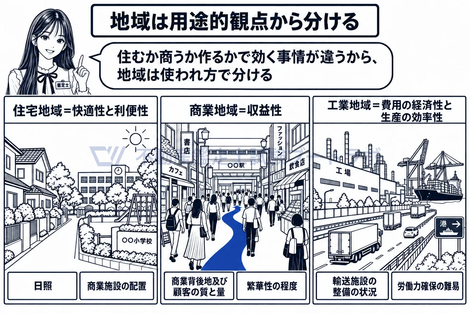 地域要因の図解：住宅地域は住み心地、商業地域は客の流れ、工業地域は運びやすさ。使われ方で見る点が変わる。
