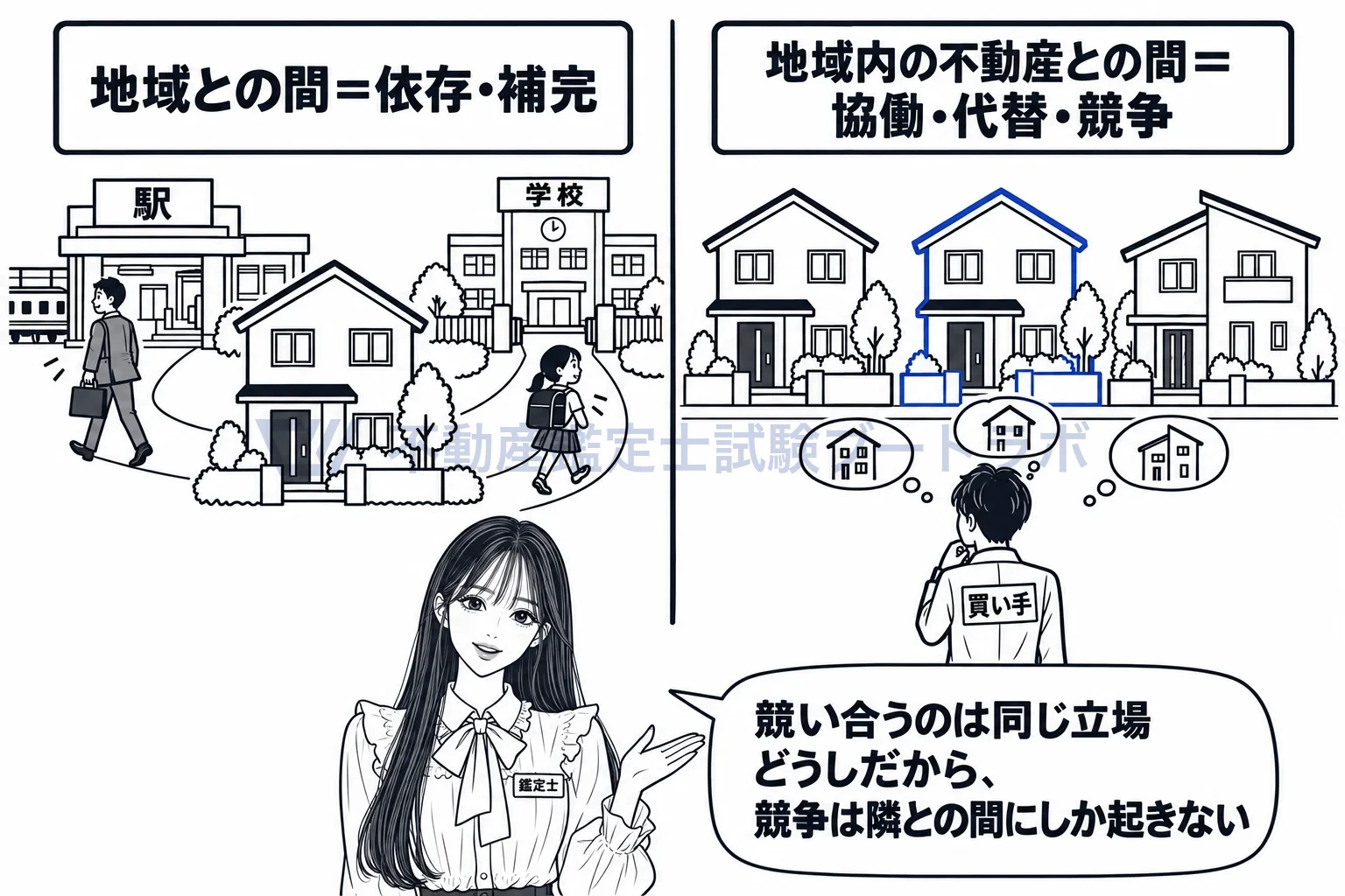 不動産の地域性の図解:町には頼り、隣とは競う。相手によって関係の名前が違う。