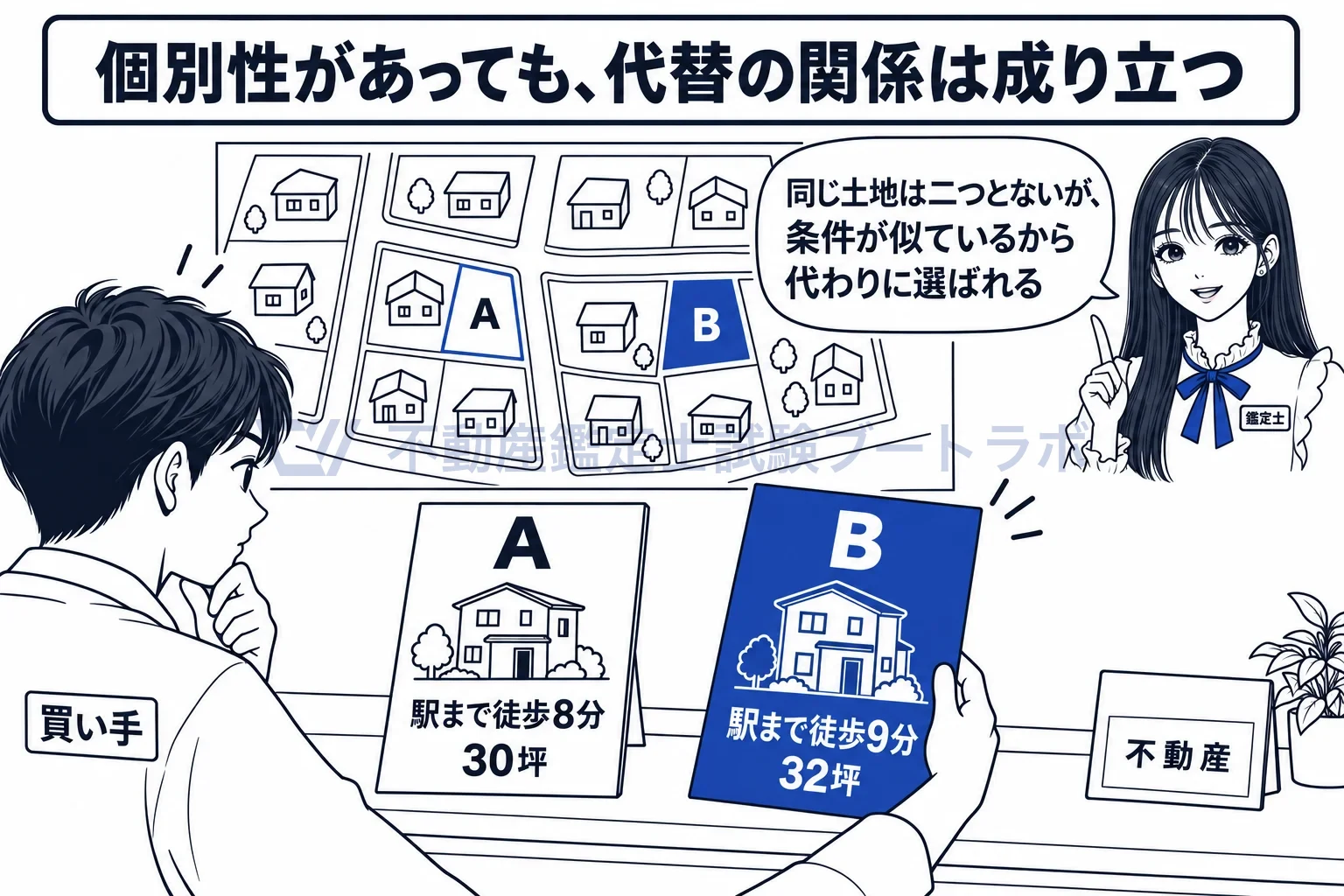 不動産の地域性の図解:同じ土地は二つとなくても、似た土地は代わりに選ばれる。