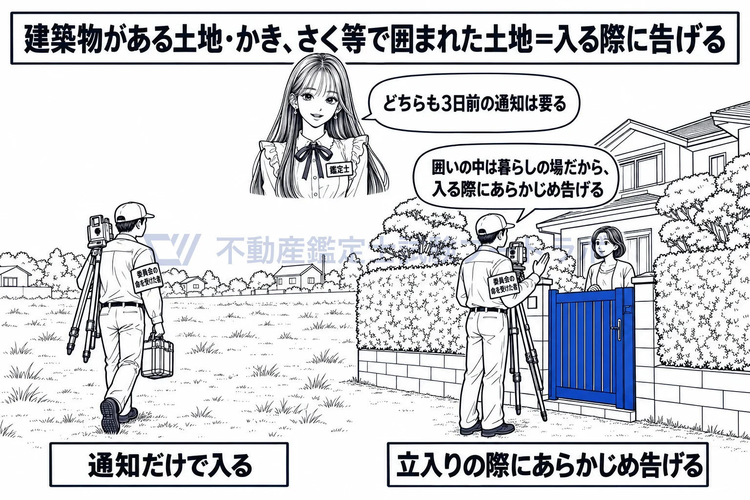 土地の立入りの図解：囲いの中は暮らしの場だから、通知に加えて入る際にもう一度告げる。