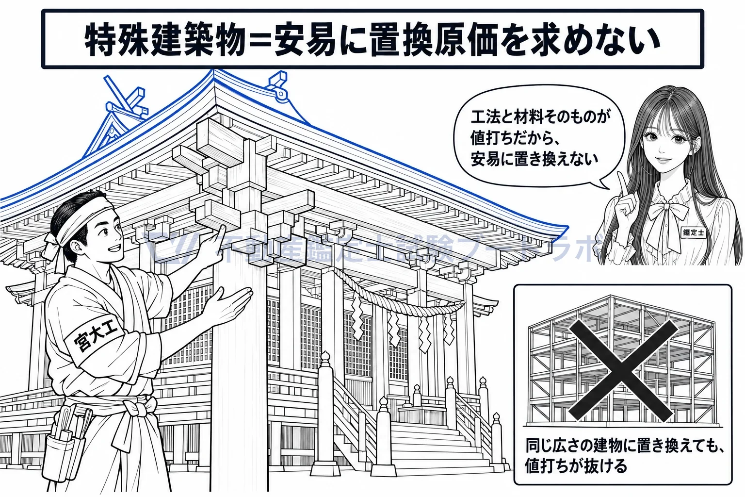 置換原価の図解：工法と材料そのものが値打ちの神社仏閣は、安易に置き換えない。