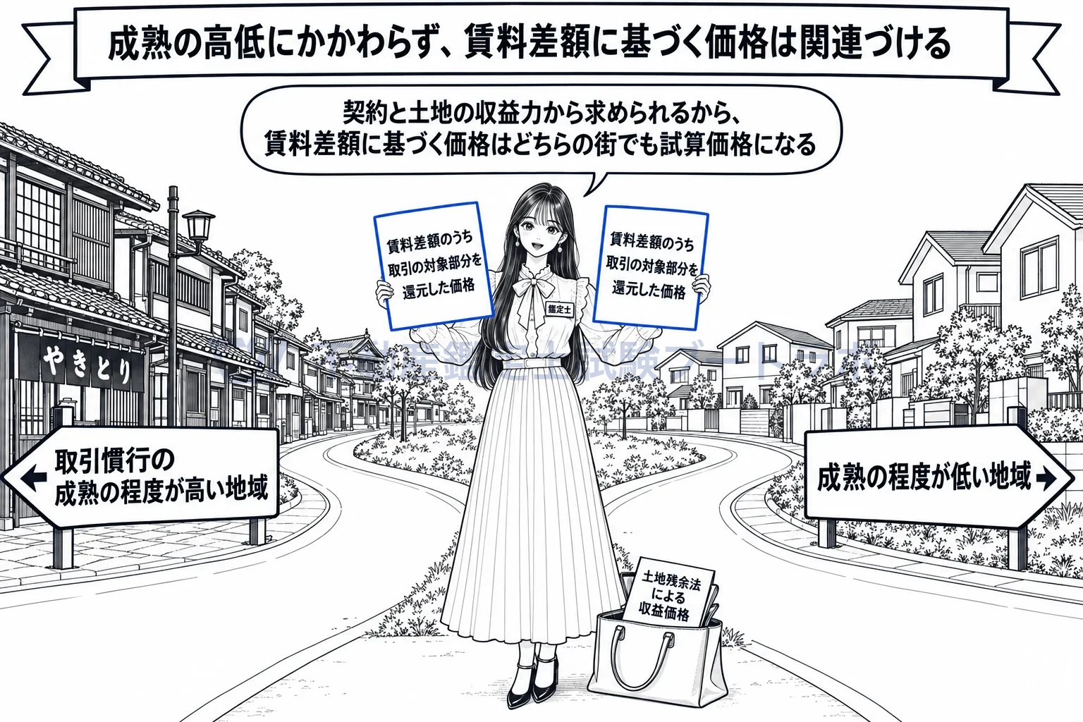 賃料差額の図解：成熟の高い街でも低い街でも、賃料差額に基づく価格は関連づける価格に入る。