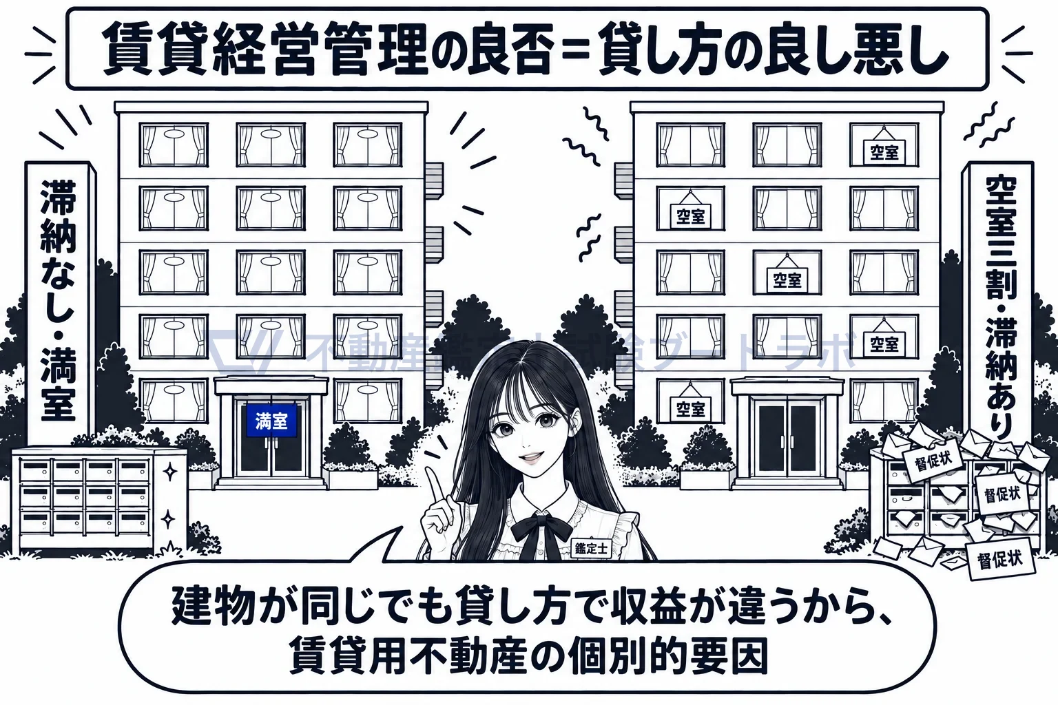 賃貸経営管理の良否の図解:建物が同じでも、貸し方で収益が違う。
