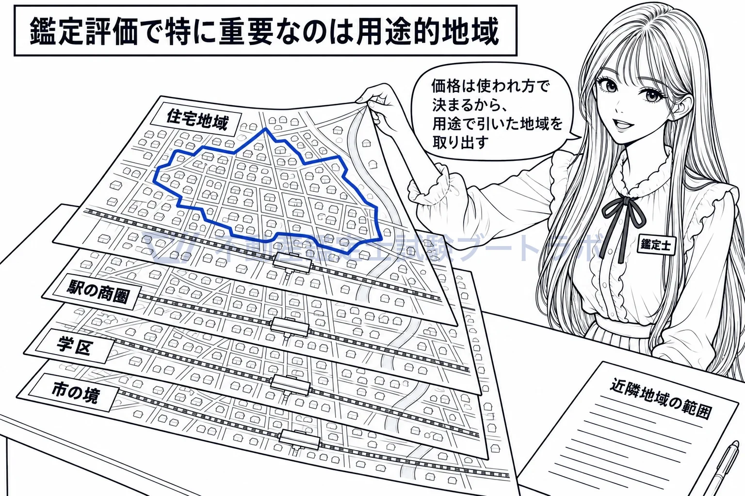 重畳的の図解：重なった地図の中から、鑑定士は使われ方で引いた一枚を取り出す。