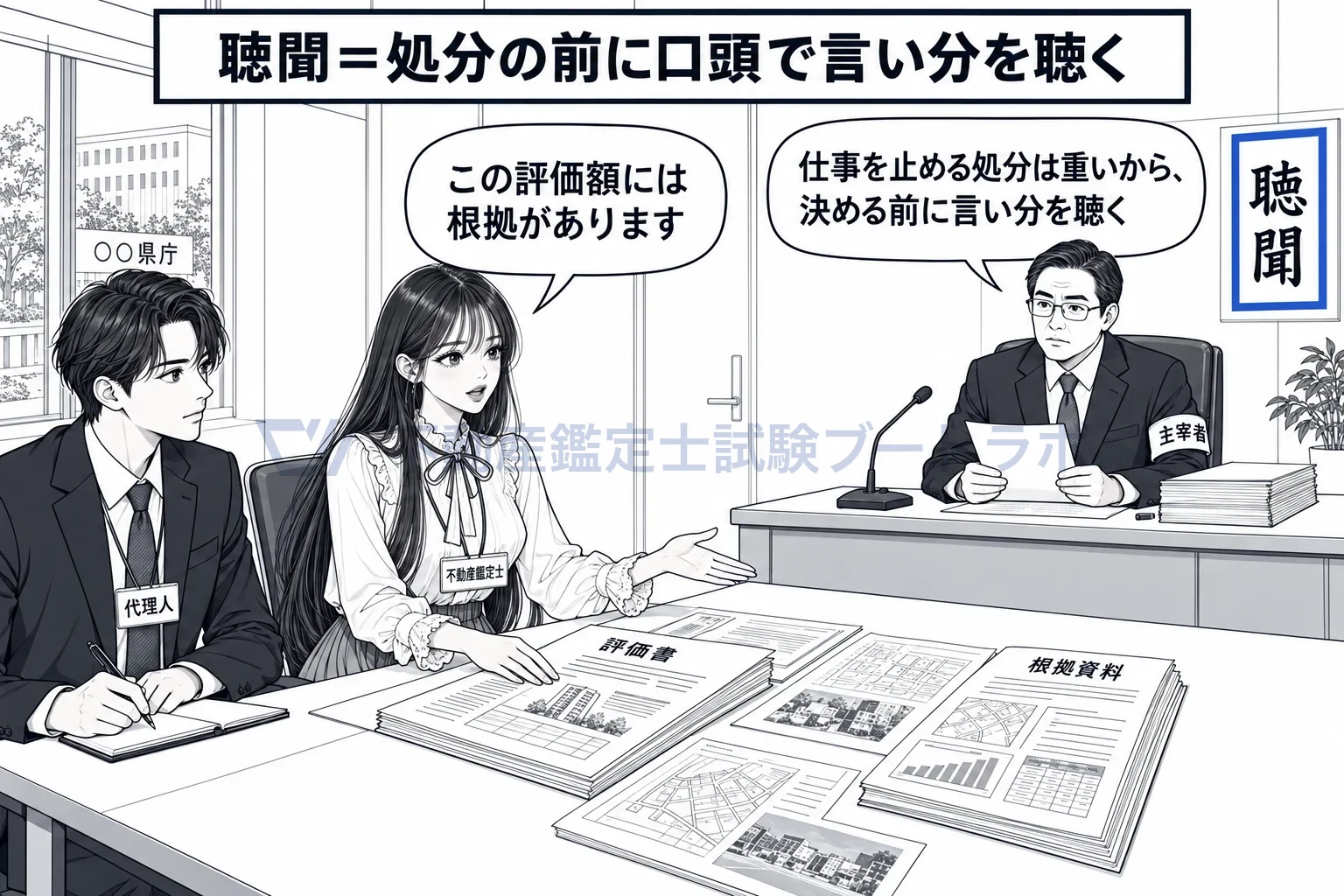 聴聞の図解：処分の前に本人を呼び、口頭で言い分を聴く。