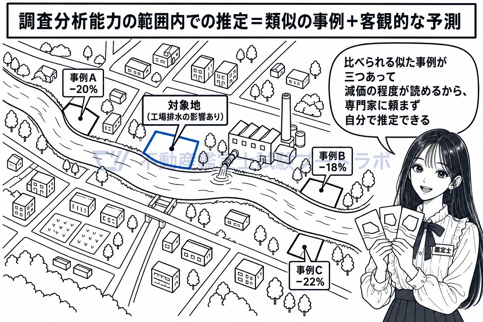 調査分析能力の範囲内での推定の図解:似た事例がいくつもあれば、減価の程度を自分で客観的に見積もれる。