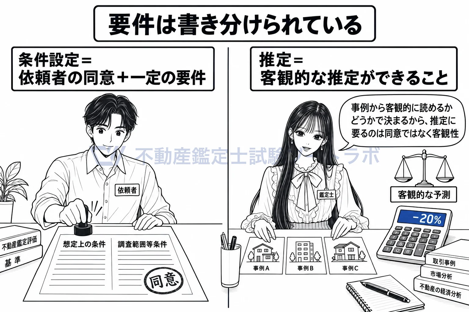 調査分析能力の範囲内での推定の図解:条件を付ける道には依頼者の同意、推定する道には客観的な予測が要る。