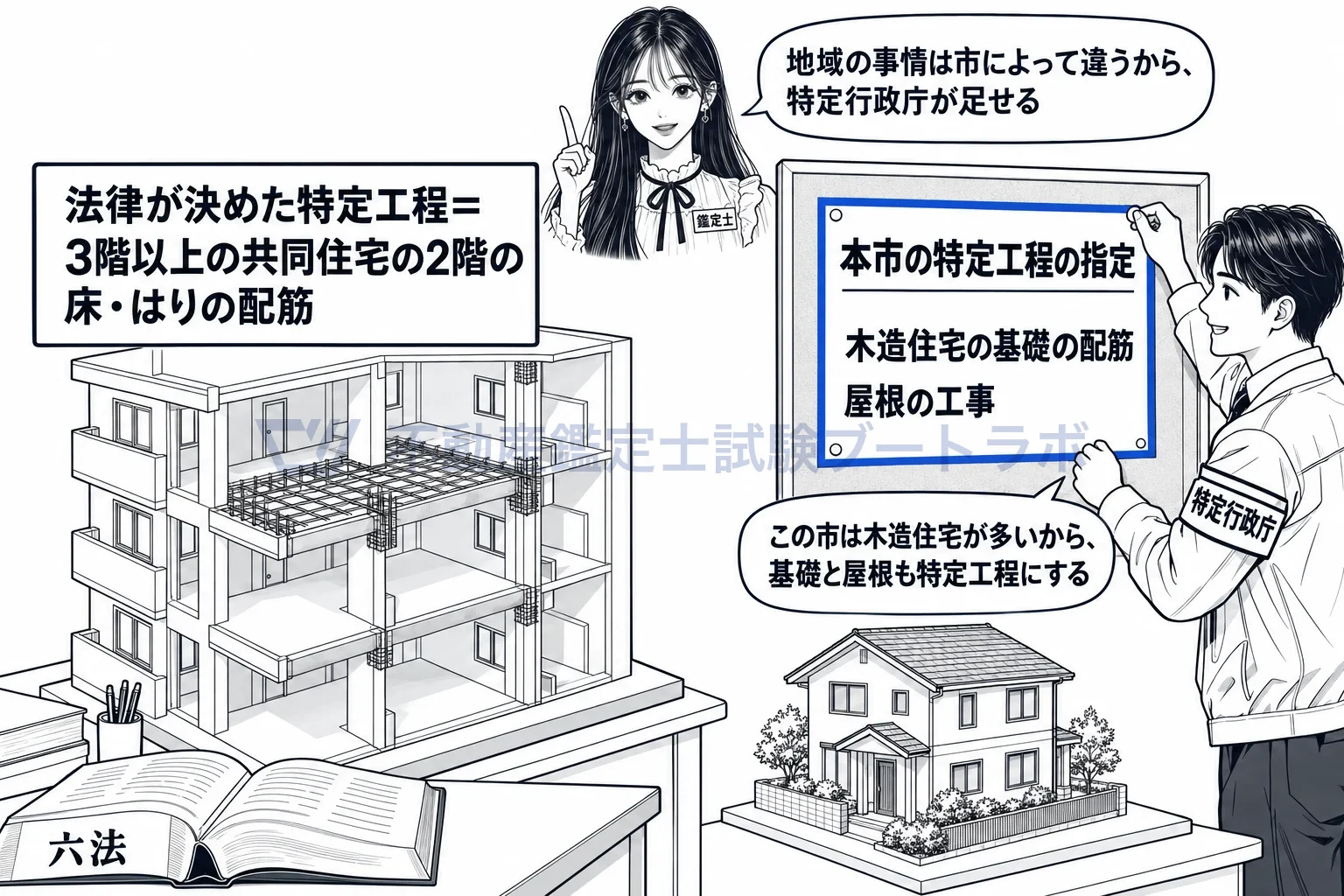 中間検査の図解：法律が決めた工程に、市が地域の事情で工程を足す。