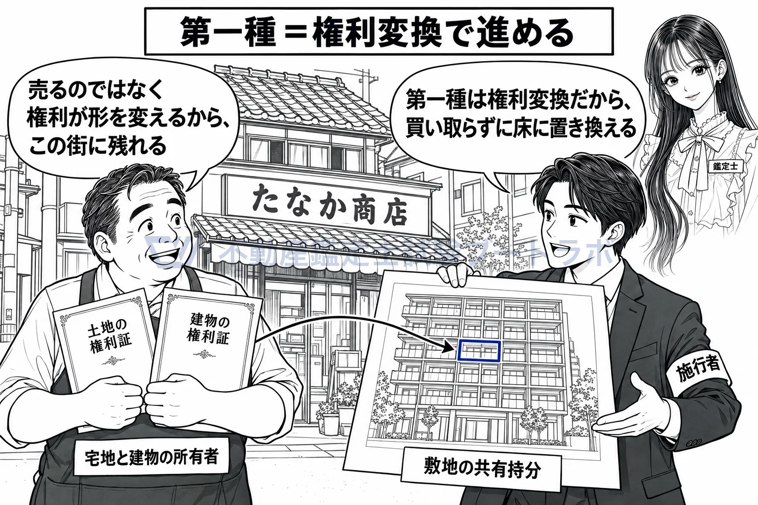 第一種市街地再開発事業の図解:権利証を手放さず、完成後の一室と敷地の持分に置き換える。