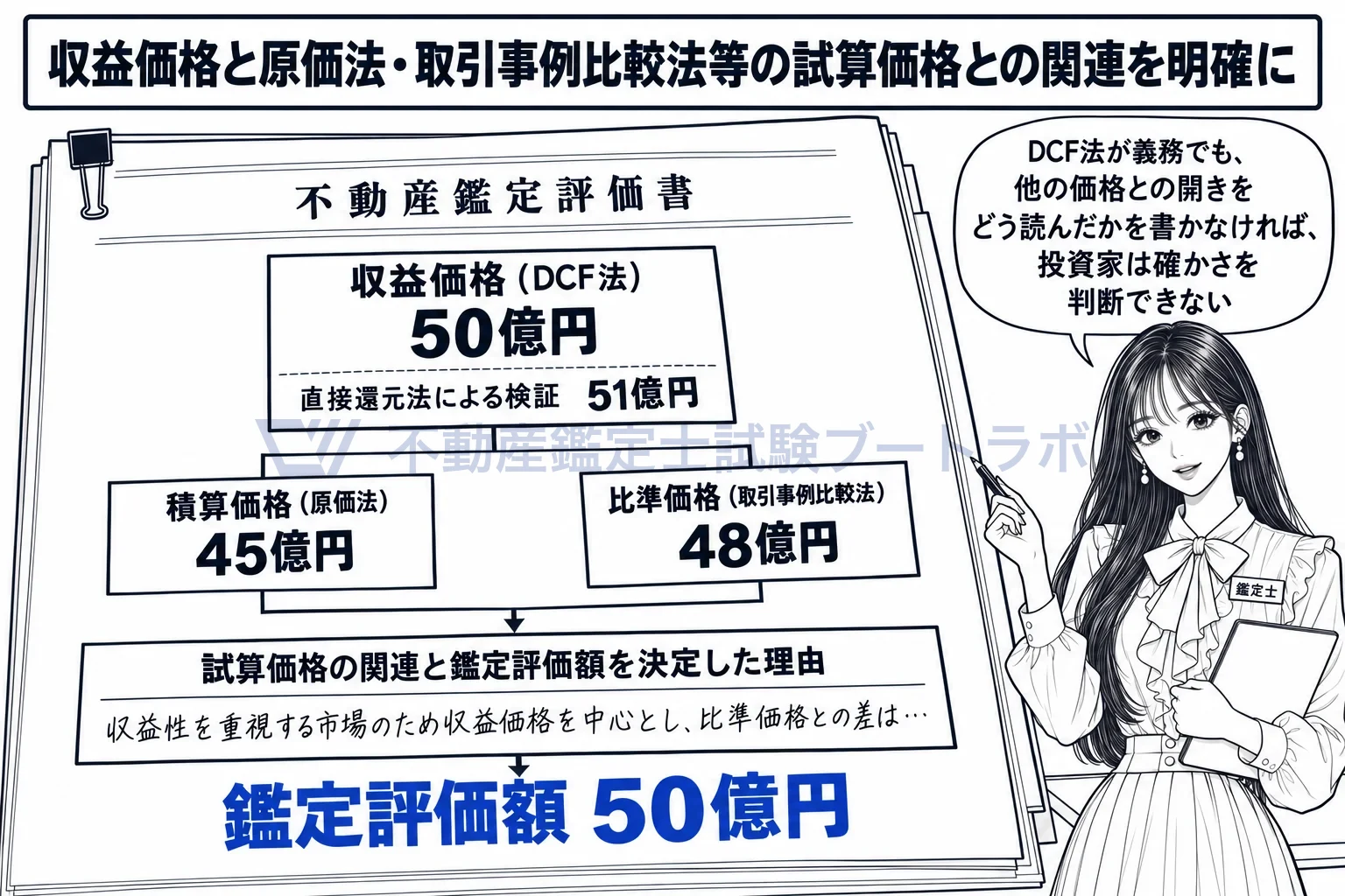 DCF法の適用の図解：収益価格が中心でも、積算価格・比準価格との関連を書いて鑑定評価額を決める。