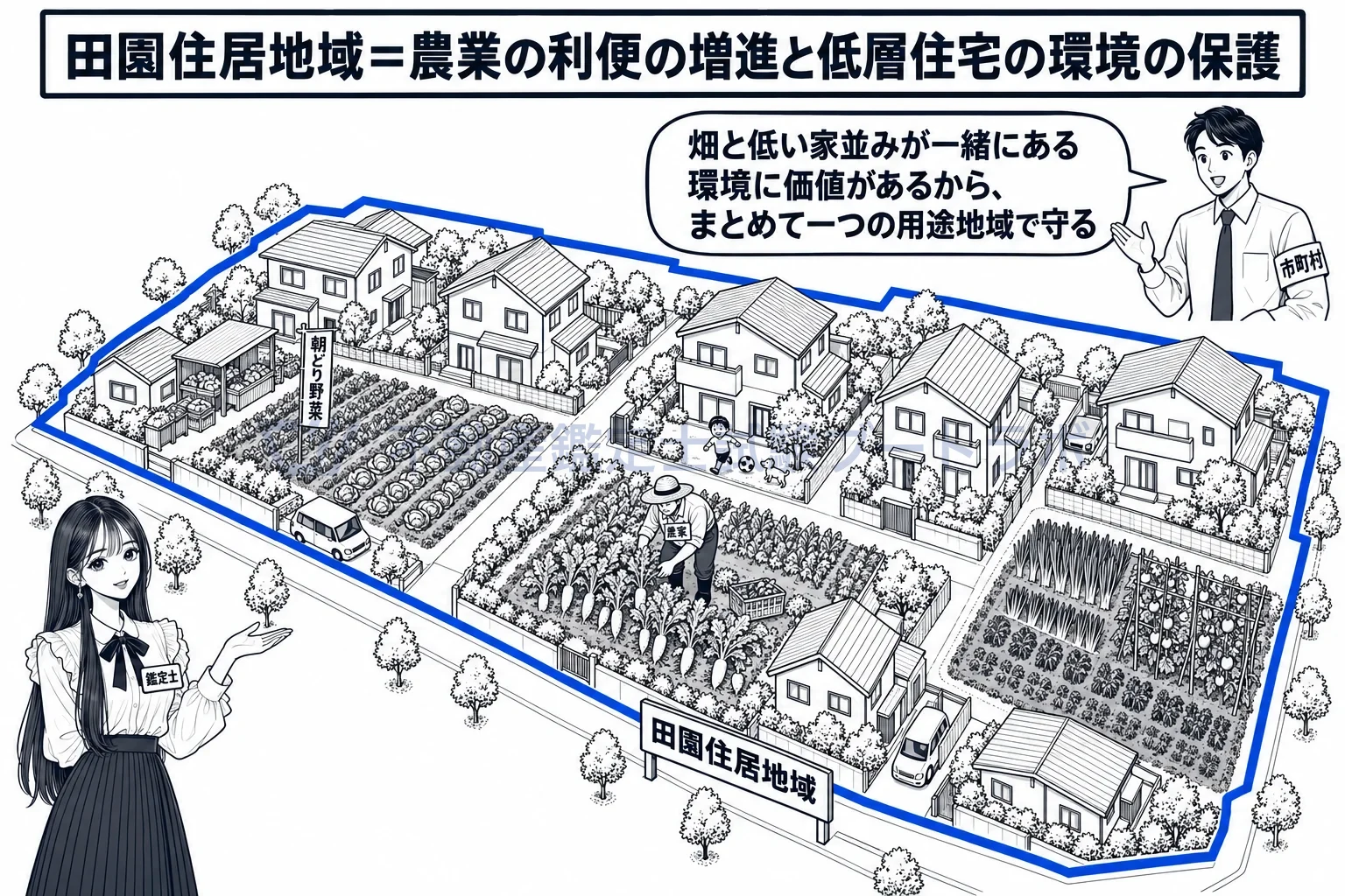 田園住居地域の図解:畑と低い家並みと直売所を、一つの用途地域として守る。