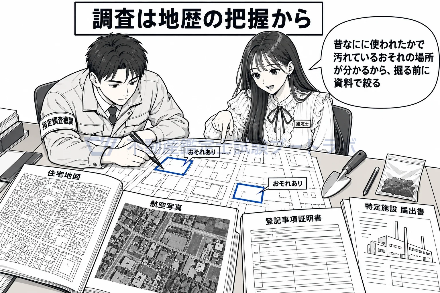 土壌汚染状況調査の図解:昔なにに使われたかを資料で調べ、汚れているおそれの区画を絞ってから掘る。