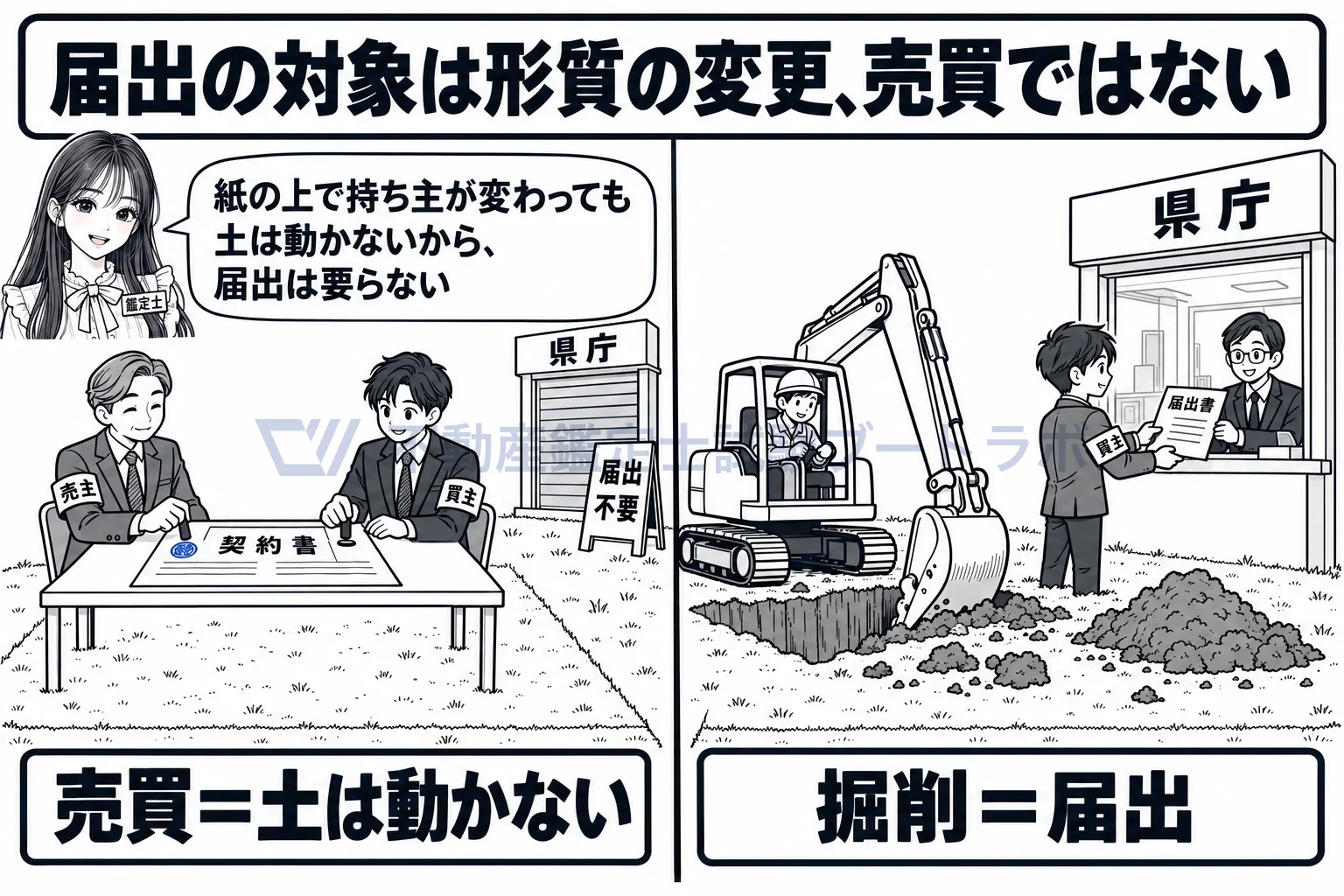 土地の形質の変更の図解：紙の上で持ち主が変わっても土は動かないから、売買に届出は要らない。