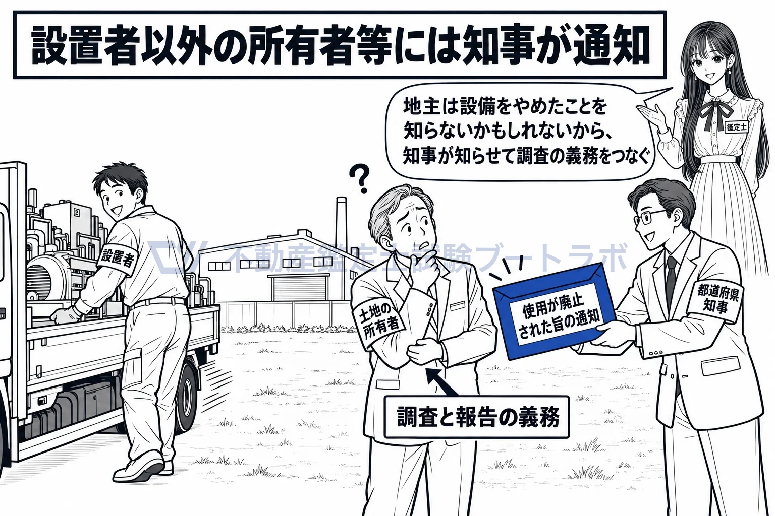有害物質使用特定施設の図解:借地の工場が撤退したら、知事が地主に廃止を知らせて調査義務をつなぐ。