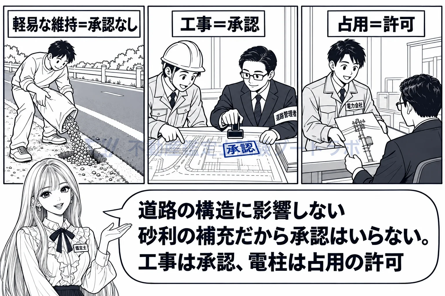 道路管理者の図解:工事は承認、軽易な維持は承認なし、占用は許可。