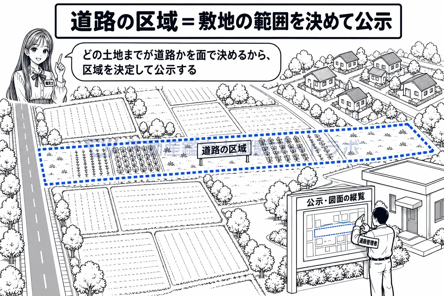 道路の区域の図解：どの土地までが道路かを面で決めて公示するのが、道路の区域。