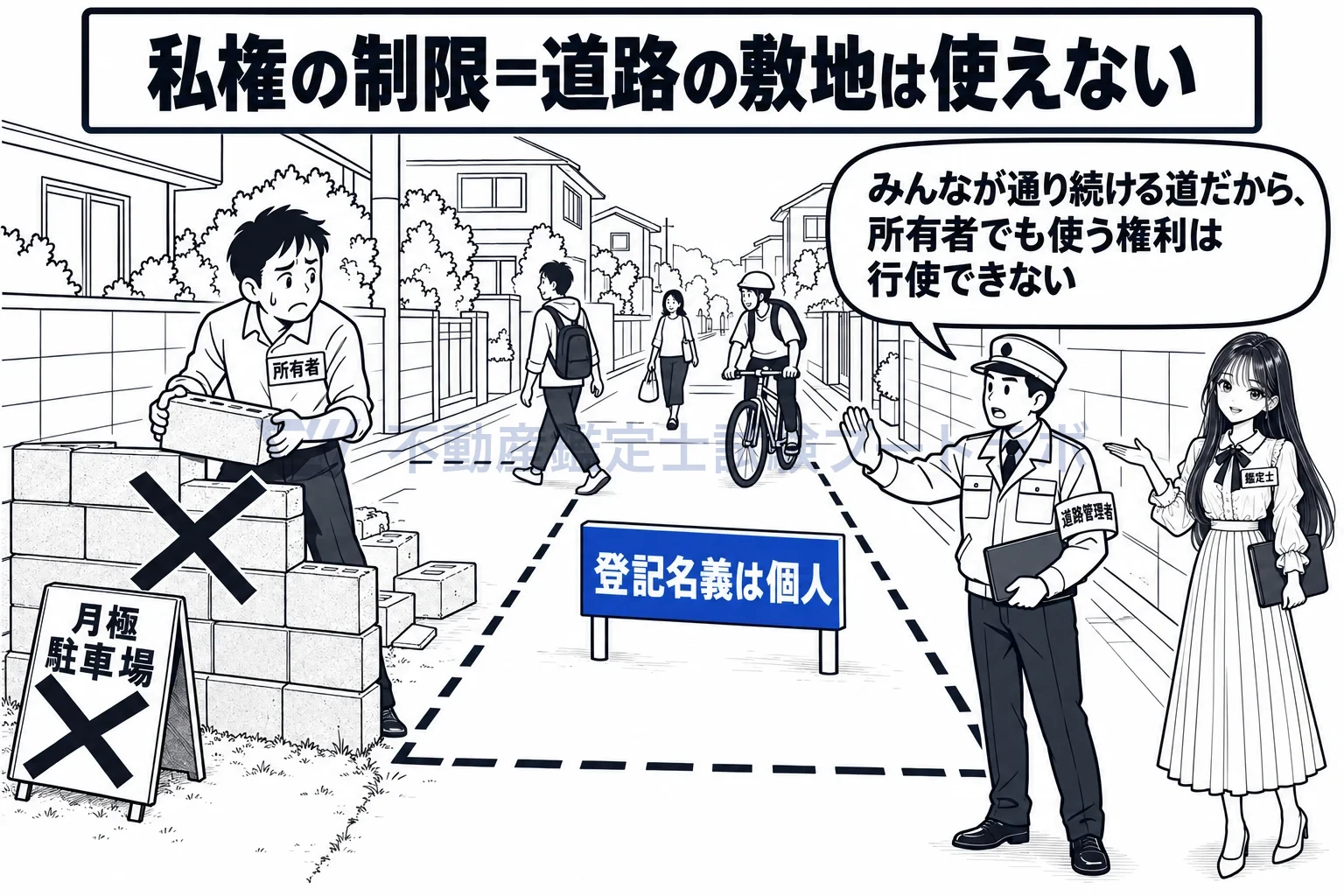 私権の制限の図解:道路の敷地は、所有者でも塀を建てたり貸したりできない。