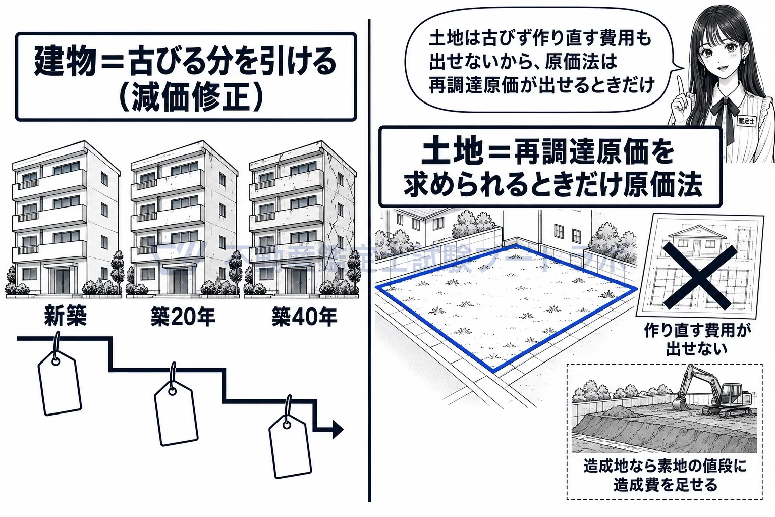 永続性の図解：建物は古びるから減価を見積もれるが、土地は古びず、多くは作り直す費用も出せない。