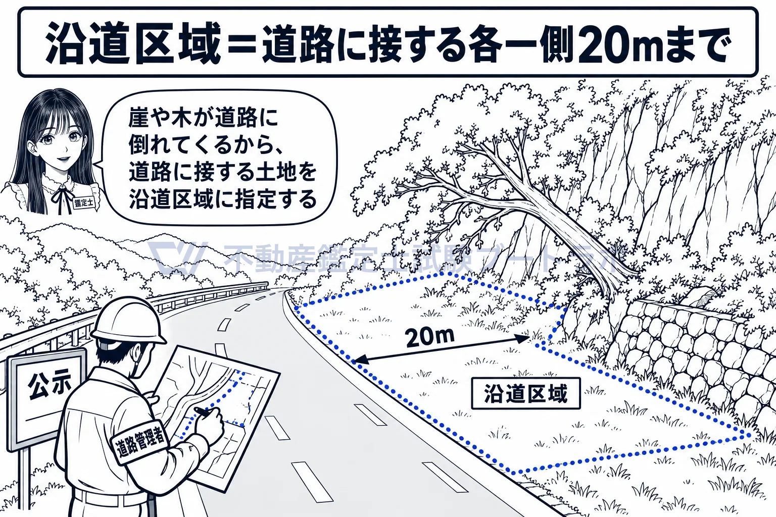 沿道区域の図解:崖や木が道路に倒れてこないように、道路に接する20mまでを沿道区域に指定する。