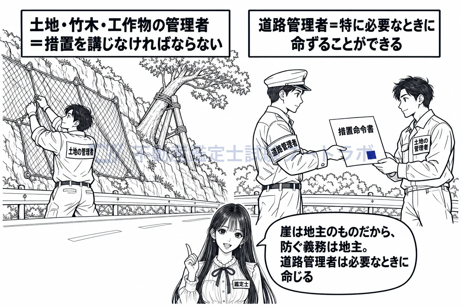 沿道区域の図解:防ぐ義務は沿道の地主に、命令する権限は道路管理者に。