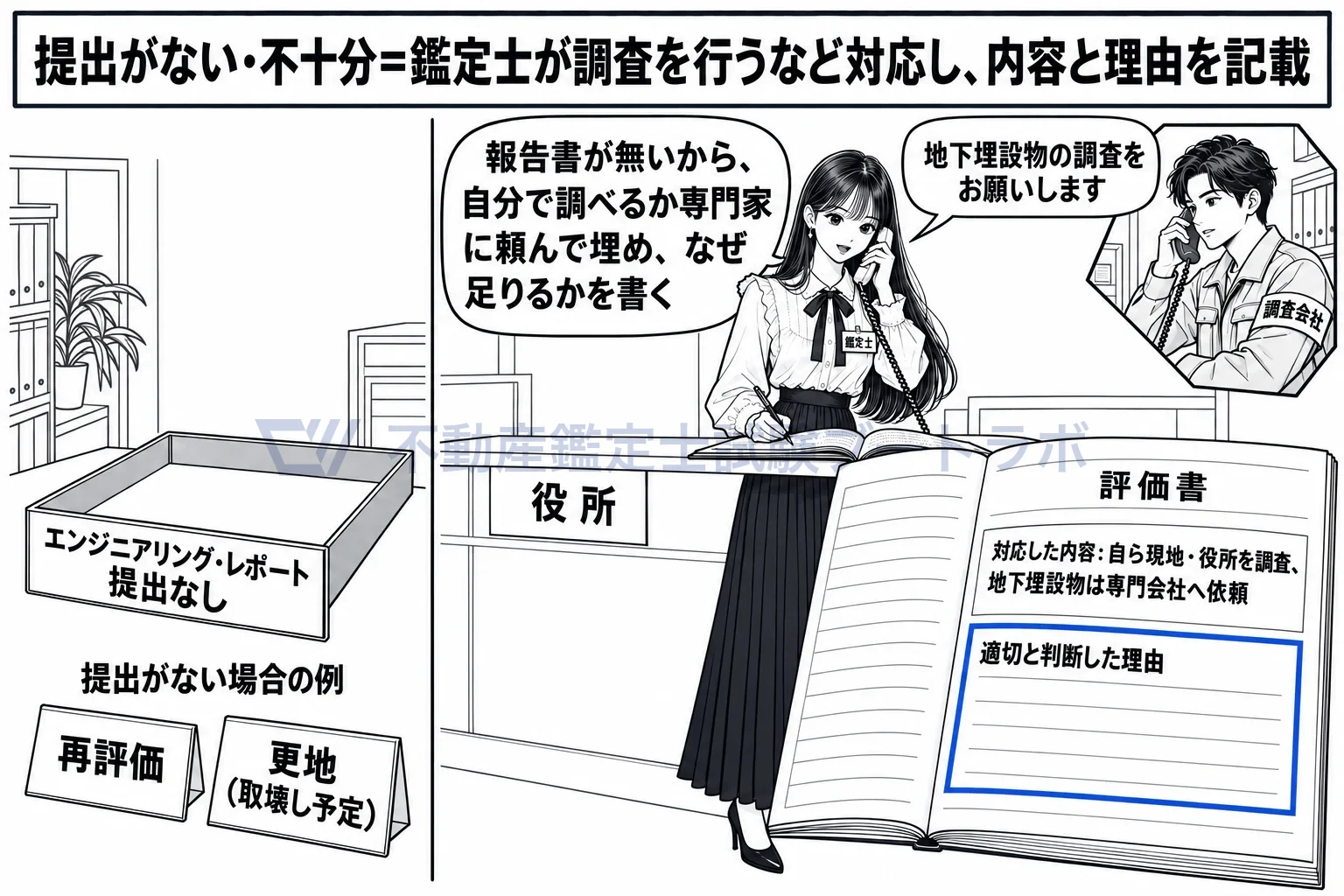 エンジニアリング・レポートに代わる調査の図解：報告書が届かなくても、自分で調べて対応し、理由を書く。
