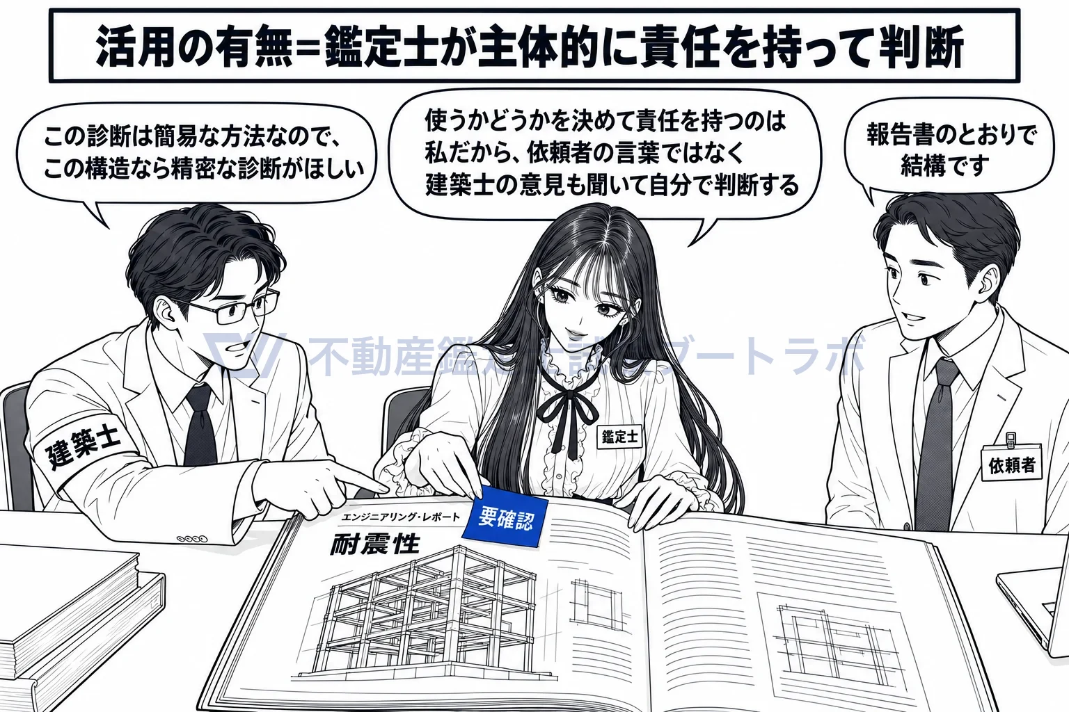 エンジニアリング・レポートの活用の図解:使うか使わないかは鑑定士が決め、迷う項目は建築士にも聞く。