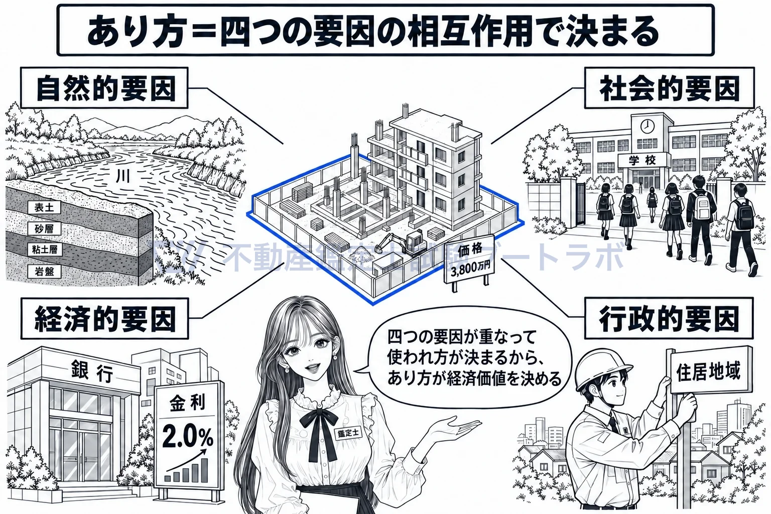 不動産のあり方の図解:四つの要因が重なって、その土地に何が建ち、どう使われるかが決まる。