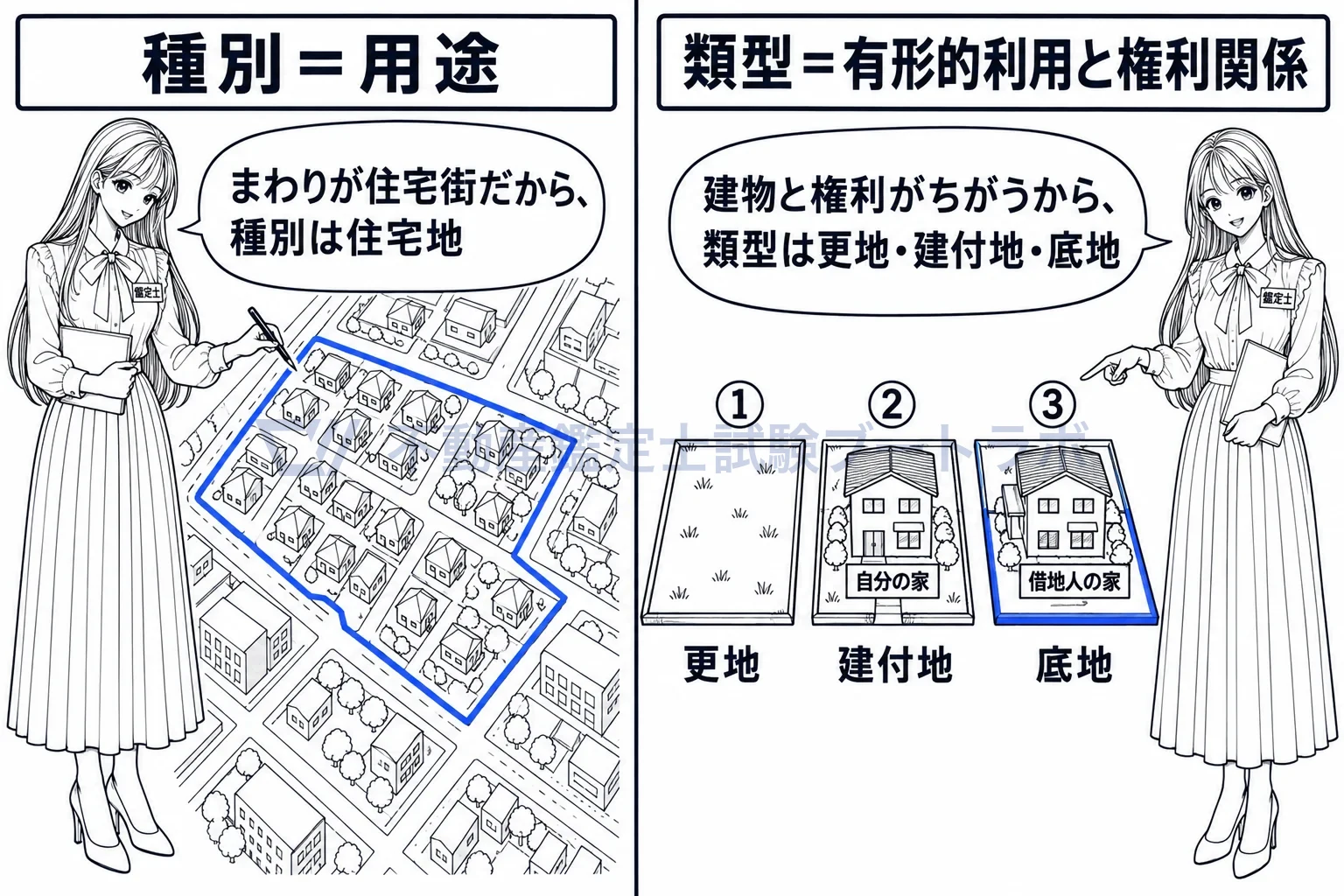 不動産の類型の図解:まわりの街並みで決まる種別と、建物と権利で決まる類型。