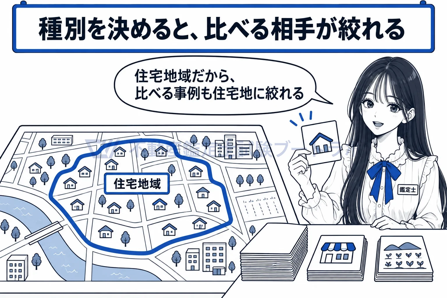 不動産の種別の図解：住宅地域と分かれば、比べる事例も住宅地に絞れる。