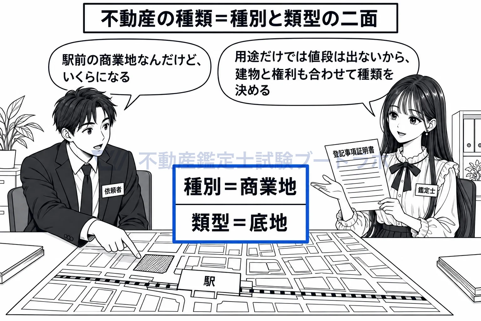 不動産の種類の図解：用途の面と、建物と権利の面がそろって、初めて不動産の種類になる。