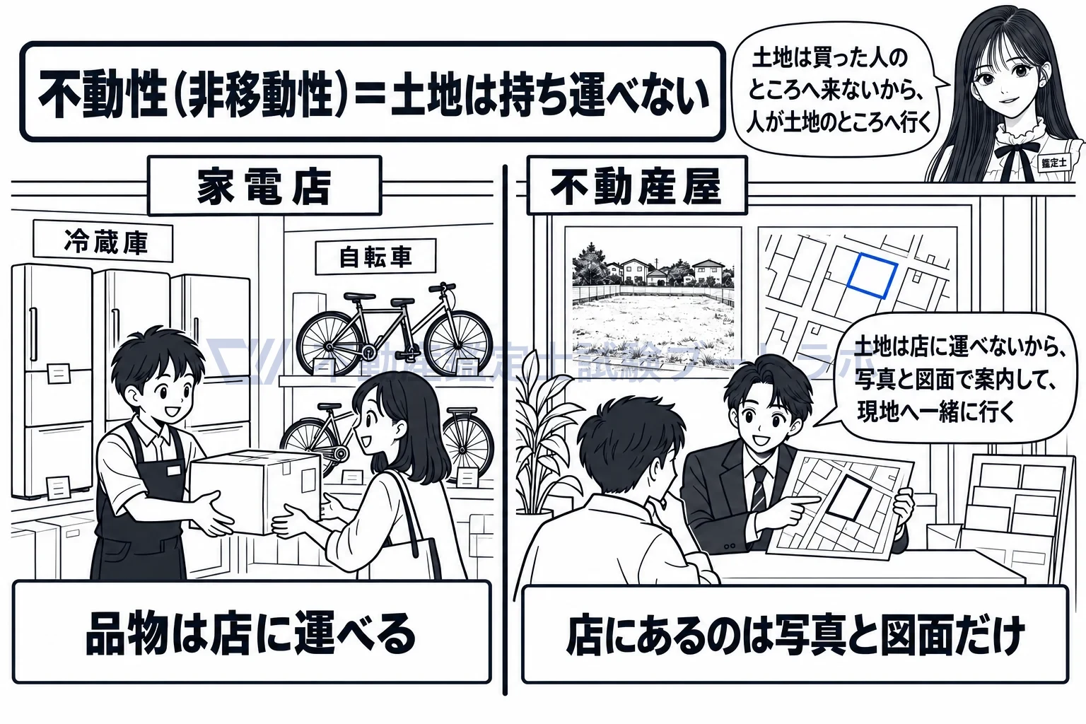 不動性の図解：冷蔵庫は店に並ぶが、土地は写真と図面でしか店に置けない。