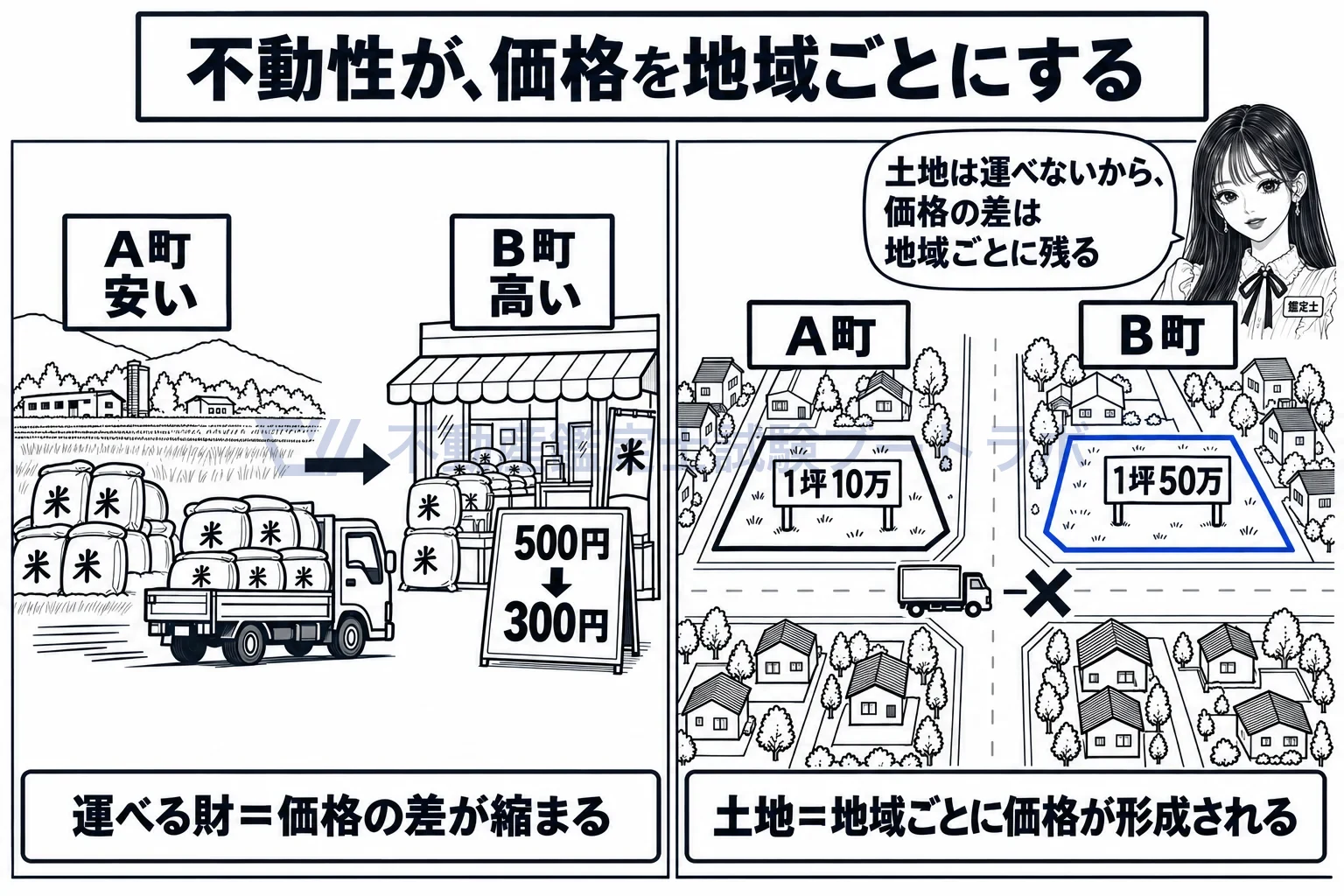 不動性の図解：運べる財は価格が均されるが、土地は運べないので地域ごとの価格が残る。