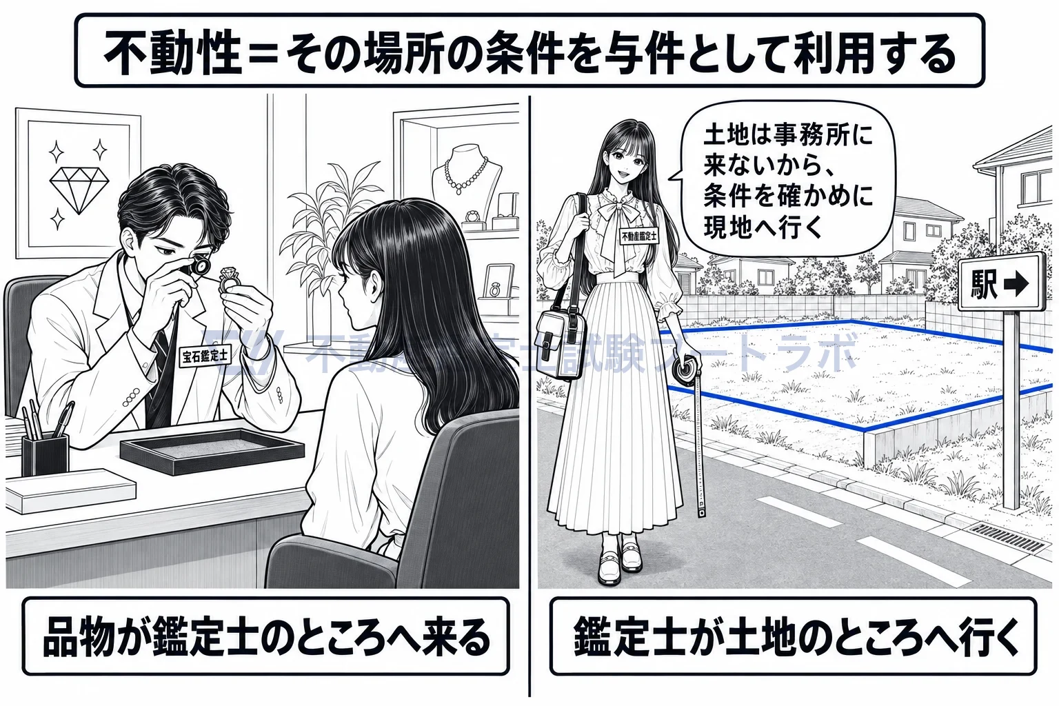 不動性の図解：宝石は持ち込めるが、土地は持ち込めないから鑑定士が現地へ行く。